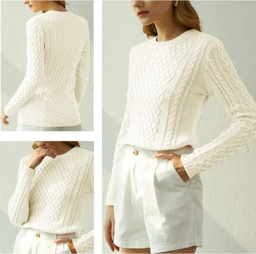 Vista 4 de v28 - Suéter elástico de punto trenzado con cuello redondo y manga larga para mujer