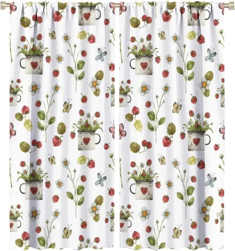 Vista 27 de Cortinas bohemias con diseño de fresas, bonitas cortinas bohemias con bolsillo para barra de fruta, tratamiento de ventana para cocina, sala