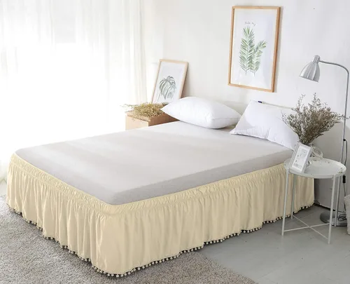 Vista 2 de Celine Linen Falda de cama de lujo con borlas y flecos con nudo superior, estilo envolvente, envoltura de cama elástica, resistente a las arrugas