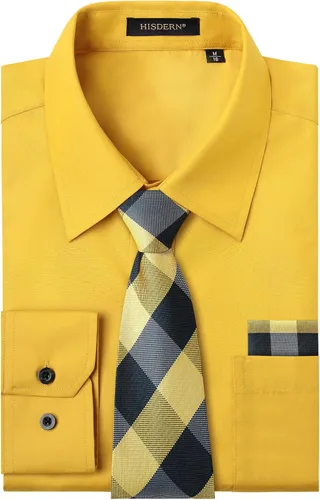 Vista 58 de HISDERN Mens Dress Shirt with Tie Pocket Square Set Classic Button Down Shirt Matching Tie Long Sleeve Shirts 08-verde