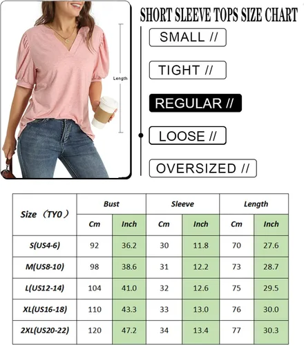 Vista 5 de YESNO Camisas de manga corta para mujer, estilo casual, cuello en V, blusas elegantes de manga abombada, TY0