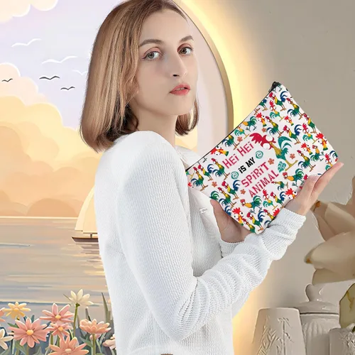 Vista 5 de LEVLO Bolsa de maquillaje cosmética de pollo Hei para amantes del pollo, regalo Hei Is My Spirit Animal Maquillaje con cremallera, Hei Hei Completo