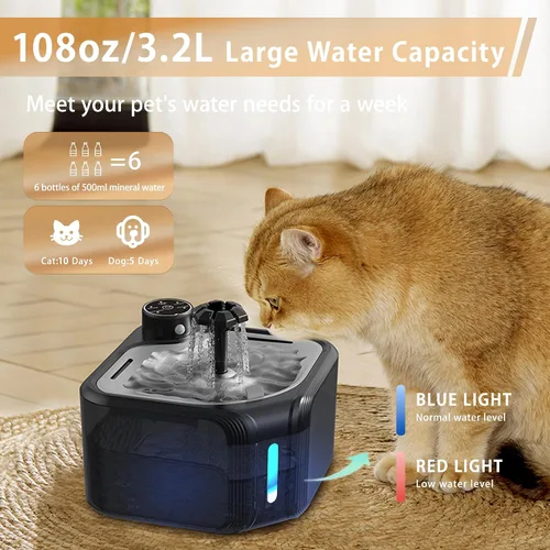Vista 5 de Fuente de agua para gatos inalámbrica con 4 filtros de repuesto de 108 oz/3.2 L, fuente de agua para mascotas, funciona con pilas, con bandeja