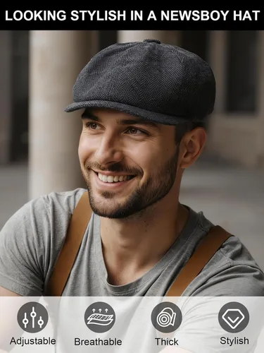Vista 6 de Senker Fashion Gorra de Newsboy para hombre, sombrero irlandés Newsies clásico de 8 paneles de mezcla de lana para conducir taxista de anciano