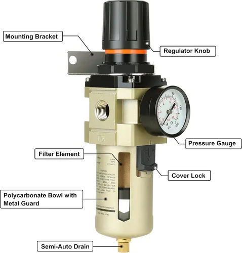 Vista 10 de Hromee Combo de regulador de filtro comprimido de 1/2 pulgada, compresor de aire, separador de trampa de aceite de agua con manómetro, drenaje