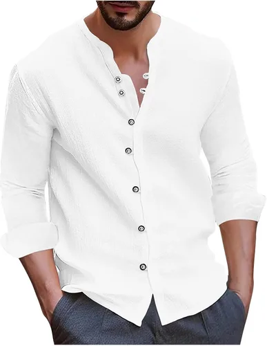 Vista 12 de Camisas de manga larga para hombre, casual, de algodón, lino, con botones, a la moda, lisas, para fiesta, otoño