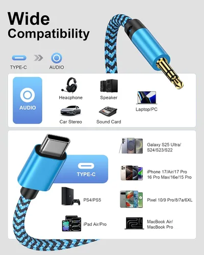 Vista 7 de Cable auxiliar de 3 pies, cable de audio USB C a 0.138 in para iPhone 17e 17 16e 16 15 Pro Max/Plus Ox Chord USBC cable de auriculares macho cable