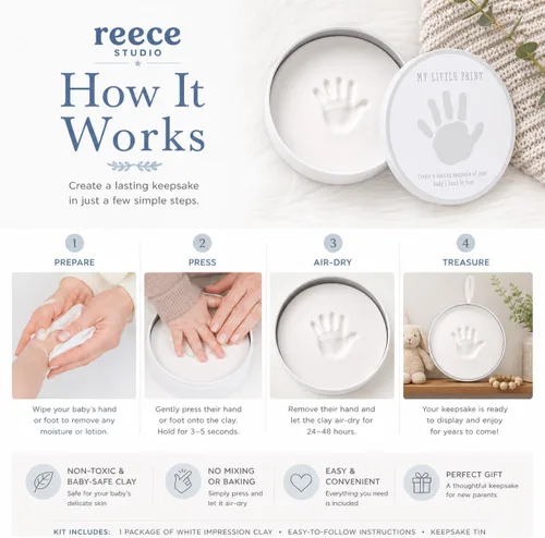 Vista 3 de Reece Studio My Little Print Baby Handprint or Footprint Clay Keepsake Tin Arcilla no tóxica segura para bebés, sin mezclar ni hornear manualidades