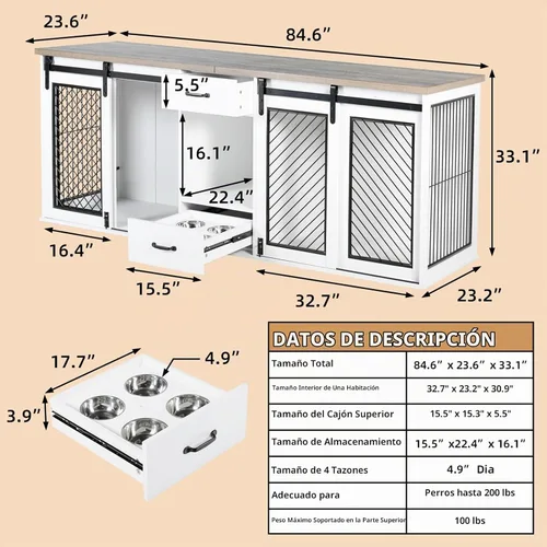 Vista 3 de Mueble de jaula para perros extra grandes, puerta corredera de 85 pulgadas, doble perrera para 2 perros grandes divididos, muebles de madera