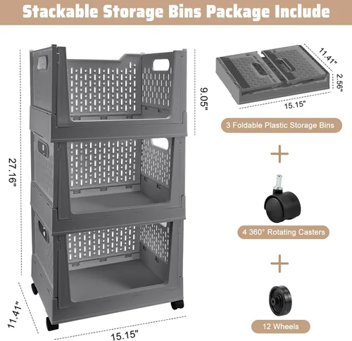 Vista 8 de Stackable Plastic Storage Bins, 3 Pack Foldable Closet Organizers and Storage Basket with Wheels, Collapsible Drawer Shelf Storage Box Container for