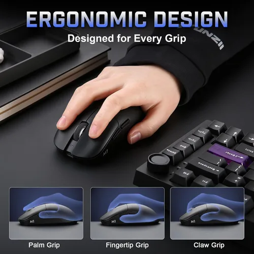 Vista 8 de YUNZII Ratón inalámbrico para juegos M1, mouse para juegos trimodo 2.4G/BT/cable, sensor PAW3311 10000 DPI recargable con 5 botones programables