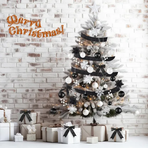 Vista 7 de Poen Juego de 108 adornos para árbol de Navidad, incluye bolas para árbol navideño, flor de pascua con purpurina, lazos, bayas, tallos, hojas, copos