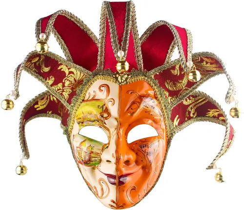 Vista 6 de Máscara de bufón veneciano para mascarada, máscara de música Mardi Gras para pared, colección de arte decorativo Dorado