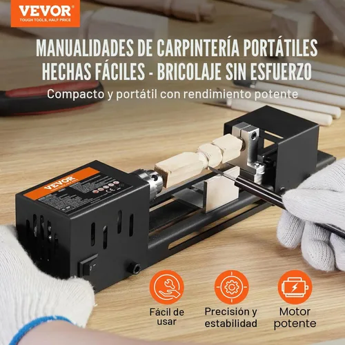 Vista 2 de VEVOR Mini máquina de torno, 7 cm x 16 cm, Mini herramientas de torno para madera de 24VDC 96W, accesorios de máquina de fresado, 7 velocidades