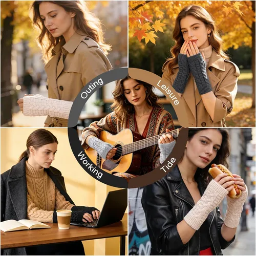 Vista 7 de Loritta Guantes sin dedos para mujer, calentadores de brazos con orificio para el pulgar de invierno de punto y ganchillo A1-beige/gris claro/gris