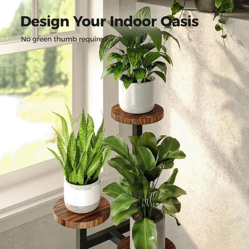 Vista 5 de Bamworld Soporte para Plantas de Esquina Interior de Metal y Madera Estante para Plantas Exterior Soportes Altos para Plantas Mesas para Plantas