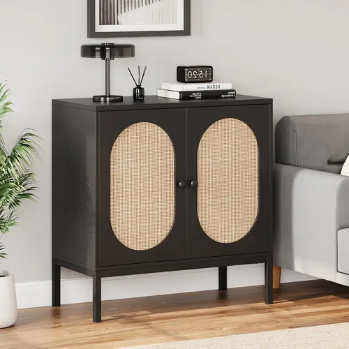 Vista 8 de IDEALHOUSE Gabinete de buffet, armario de almacenamiento de ratán con puertas y estantes, aparador de armario, armario de consola de madera