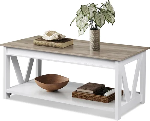 Vista 14 de WLIVE Mesa de Centro, Mesa de Centro Estilo Granja de 43" con Estante de Almacenamiento y Soporte Resistente en Forma de V, Mesa Central de Madera