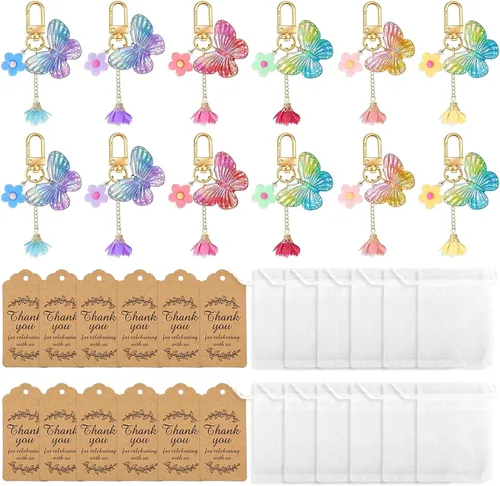 Vista 2 de BANBALLON 12 juegos de llaveros de fiesta de mariposa con etiquetas de papel kraft de agradecimiento para niñas, temática de mariposa, fiesta