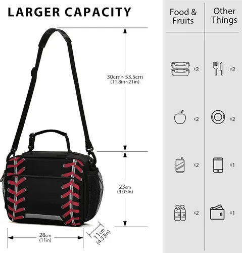 Vista 2 de Bolsa de almuerzo de béisbol aislada, color negro, enfriador, contenedor de alimentos para adultos, hombres y mujeres