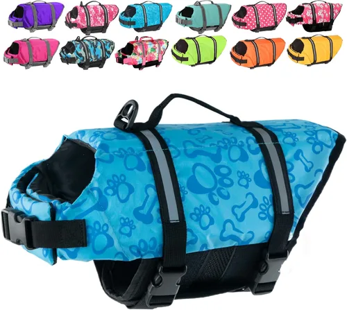 Vista 15 de Doglay Chaleco salvavidas para perros con asa de rescate, chaleco salvavidas para perros para nadar en barco, chaleco de natación reflectante Azul