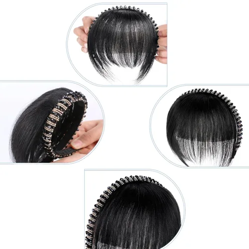 Vista 2 de G&T - Flequillo con clip para el cabello humano, flequillo delgado con fleco de diamantes de imitación, extensiones de cabello para mujer, flequillo