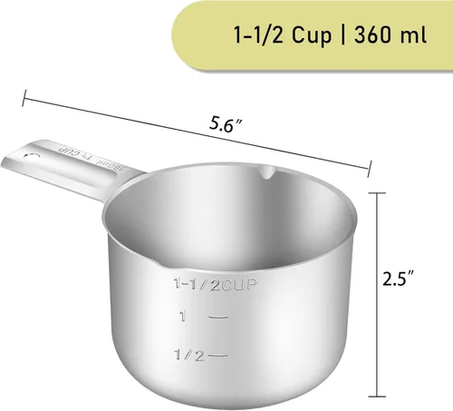 Vista 2 de 1 pieza 1-1/2 tazas (360ml, 12oz) Taza medidora única, cuchara medidora de acero inoxidable, medición métrica y en EE. UU., apta para lavavajillas