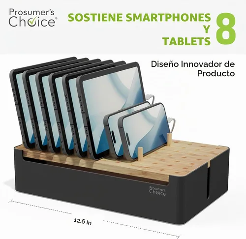 Vista 4 de Prosumer's Choice Organizador de estación de carga de madera negra para múltiples dispositivos, caja de organización de cables con 5 ranuras y Metal