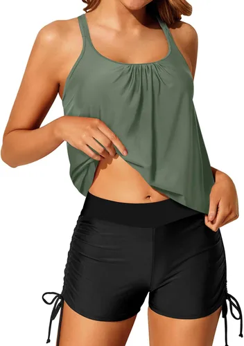 Vista 3 de Yonique Traje de baño tankini de dos piezas con tirantes delgados para mujer con pantalones cortos cruzados