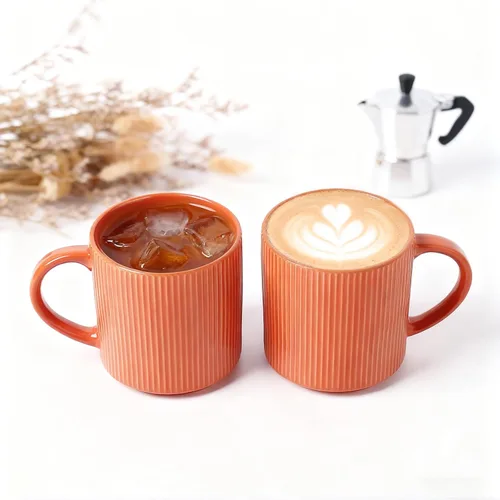 Vista 4 de MONITO - Juego de 4 tazas de café de 16 onzas, juego de tazas de café rústicas de cerámica con asa Vintage Striped Stoneware Large Coffee Mugs for