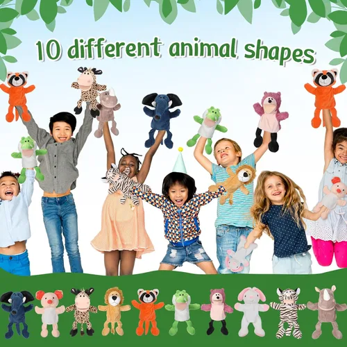 Vista 6 de Wettarn 10 piezas de marionetas de animales de mano de 12 pulgadas de felpa suave, diseño de león, orangután, jirafa, tigre, cerdo, elefante