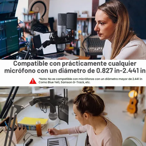 Vista 4 de Soporte universal para micrófono con filtro pop para todos los tamaños de micrófonos de 0.827 in-2.441 in, incluye soporte de micrófono Negro