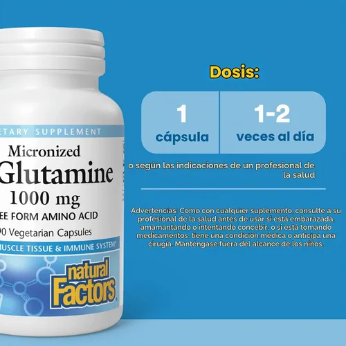 Vista 3 de Natural Factors Aminoácido de L-glutamina micronizado 1000 mg, 90 cápsulas