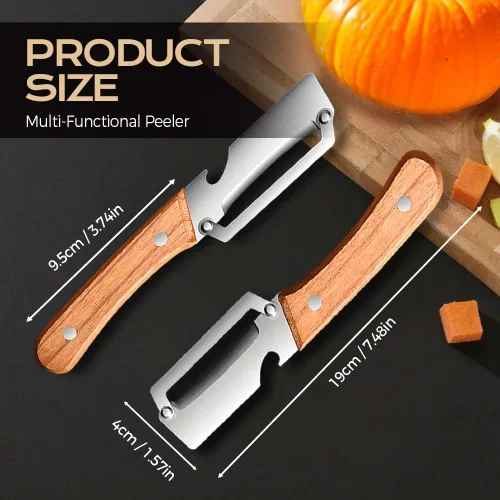 Vista 7 de Cuchillo pelador de frutas grueso multifuncional de acero inoxidable para cocina, hoja ultraafilada con mango de madera y abridor de botellas