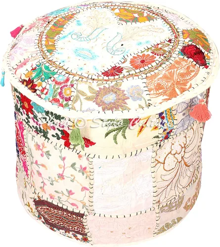 Vista 2 de Funda otomana de retazos indios, puf bordado, redondo, de algodón blanco, floral, muebles tradicionales, reposapiés (16 x 16 x 13), puf