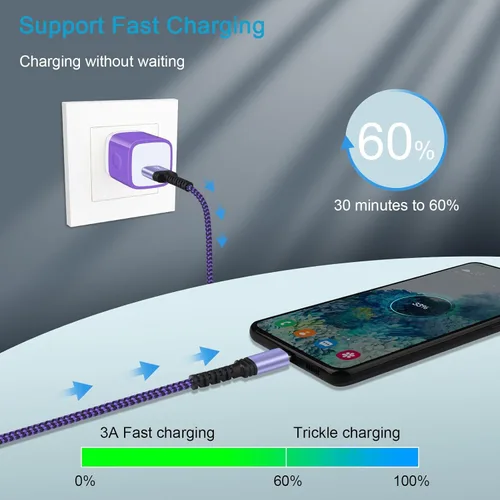 Vista 5 de Cable de carga USB C, cable de alimentación para teléfono Android, paquete de 3 unidades, trenzado USB A a tipo C, cable de carga rápida