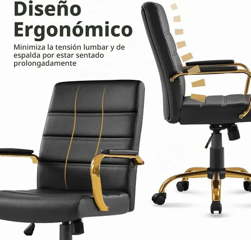 Vista 5 de Topeakmart - Silla de escritorio de oficina con brazos, respaldo medio, color negro y dorado, piel sintética