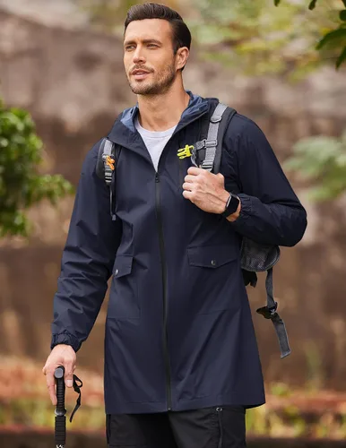 Vista 3 de COOFANDY Chubasquero largo para hombre, chaqueta impermeable para exteriores, con capucha