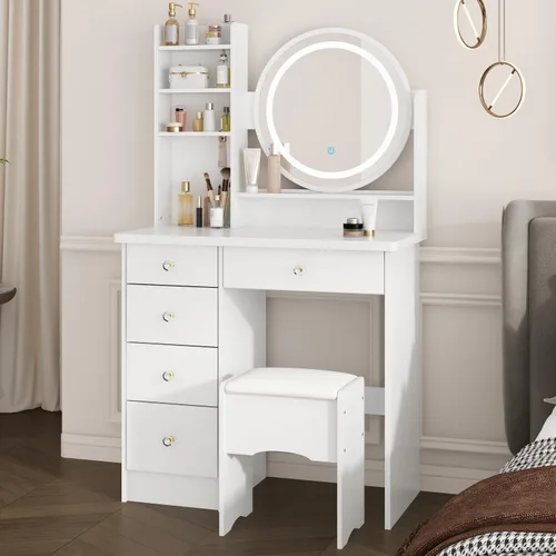 Vista 12 de Tocador con silla, tocador con espejo rectangular iluminado, 5 cajones y estantes, juego de tocador de maquillaje con almacenamiento