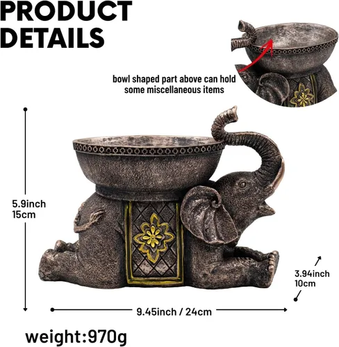 Vista 3 de Escultura de resina decorativa de elefante con bandeja, figura de animal de estilo antiguo para el hogar, oficina, estantería, soporte de TV, regalo