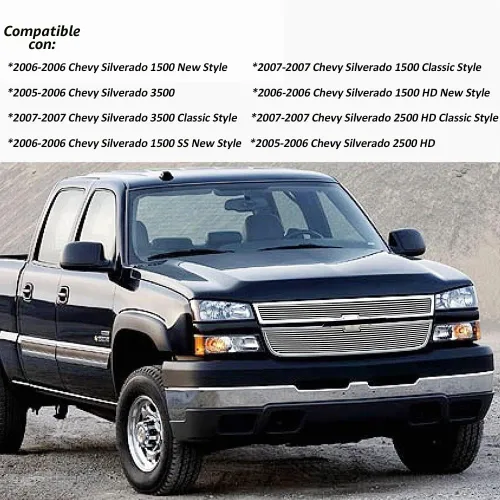 Vista 6 de Inserción de parrilla frontal para 2006 Chevy Silverado 1500/2005-2006 2500HD/3500 Cubierta de protección de parrilla de aluminio billet cromado