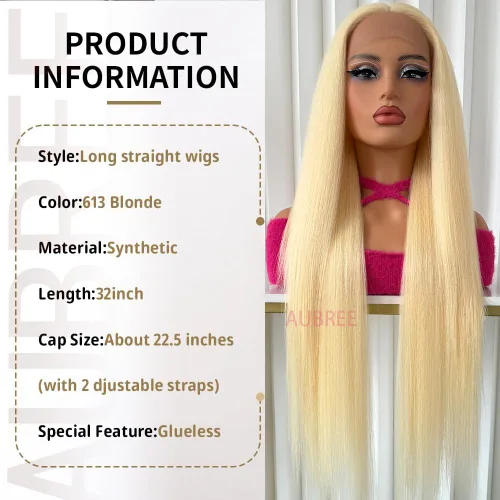 Vista 5 de Aubree Peluca de encaje frontal rubio 613, cabello largo y lacio, resistente al calor, fibra rubia, pelucas sintéticas sin pegamento, predepiladas
