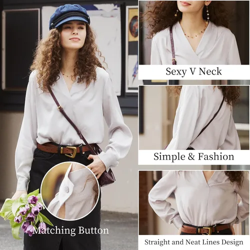 Vista 3 de Womens Mulberry Silk Blouse Elegant Tops Long Sleeve V-Neck Blouses Fall Fashion Summer Luxury Button Down Shirts