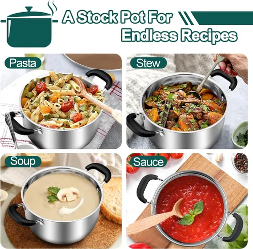Vista 5 de TeamFar Olla de 3 cuartos de galón, olla de sopa de pasta de acero inoxidable con tapa, tapa de vidrio templado y asas dobles a prueba de calor,