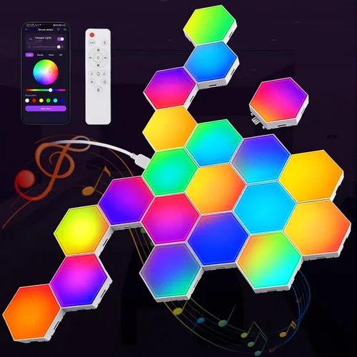 Vista 10 de NIUCOO Paneles de pared con luces LED hexagonales, luces RGB inteligentes para juegos con aplicación y sincronización de música, azulejos