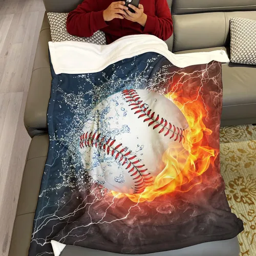 Vista 4 de YISUMEI Manta de béisbol impresa en 3D, 60 x 80 pulgadas, bola blanca chocar en agua y fuego, ideal para decoración del hogar con temática deportiva
