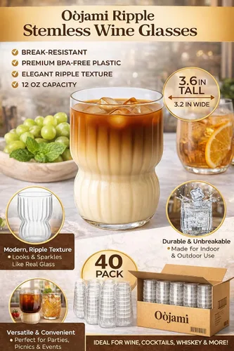 Vista 9 de Oojami Paquete de 40 copas de vino desechables de 12 onzas sin tallo, vasos de plástico Shatterproof BPA-Free Reusable Recyclable Ribbed Wine