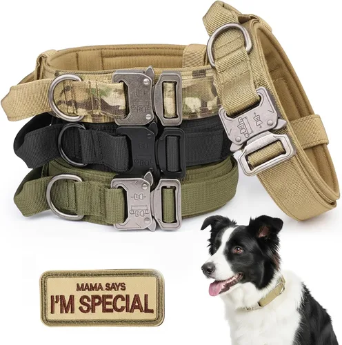 Vista 10 de KCUCOP Collar táctico para perro, collar militar con asa, collar K9 grueso, ajustable, resistente, para perros grandes y medianos (negro, L)