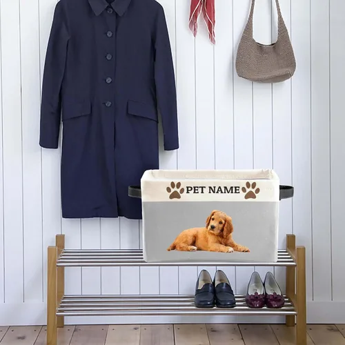 Vista 3 de Cesta de almacenamiento personalizada de juguetes para mascotas con asas, nombre y foto personalizados de la mascota, cajas de almacenamiento