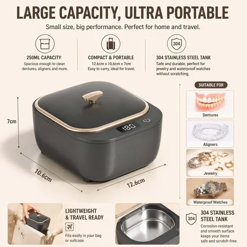 Vista 6 de Limpiador ultrasónico de retenedores – Máquina limpiadora de retenedores de 48 kHz para dentaduras, protectores bucales, alineador, cabezales